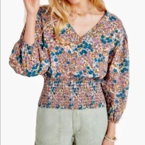 L Maeve Smocked Waist, v-neck top in gorgeous cream pink and teal colors. EUC